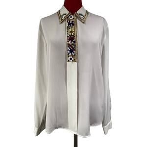 Vintage Russ silky white blouse bejeweled multicolor sequins dressy party Sz 14
